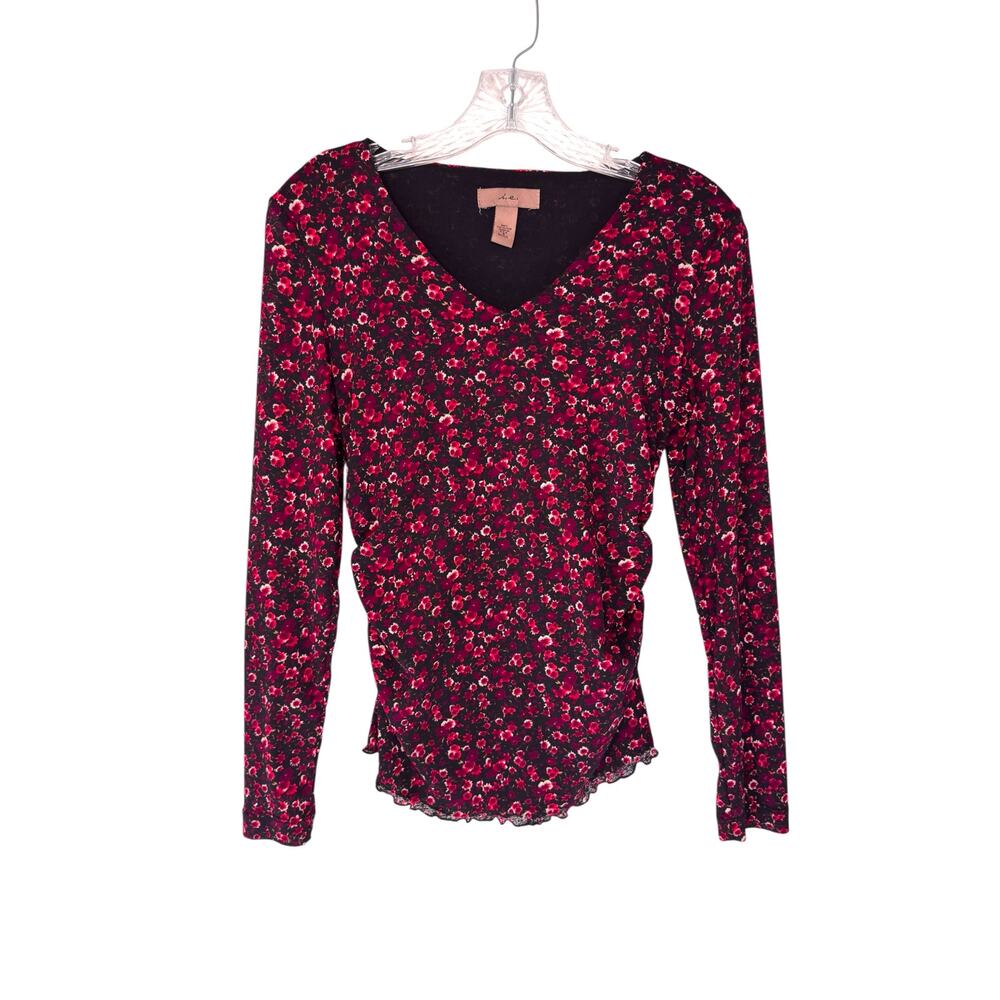 I.E. Babydoll Blouse Long Sleeve Mesh V-Neck Red Floral Print Ruched Y2K‎ Small